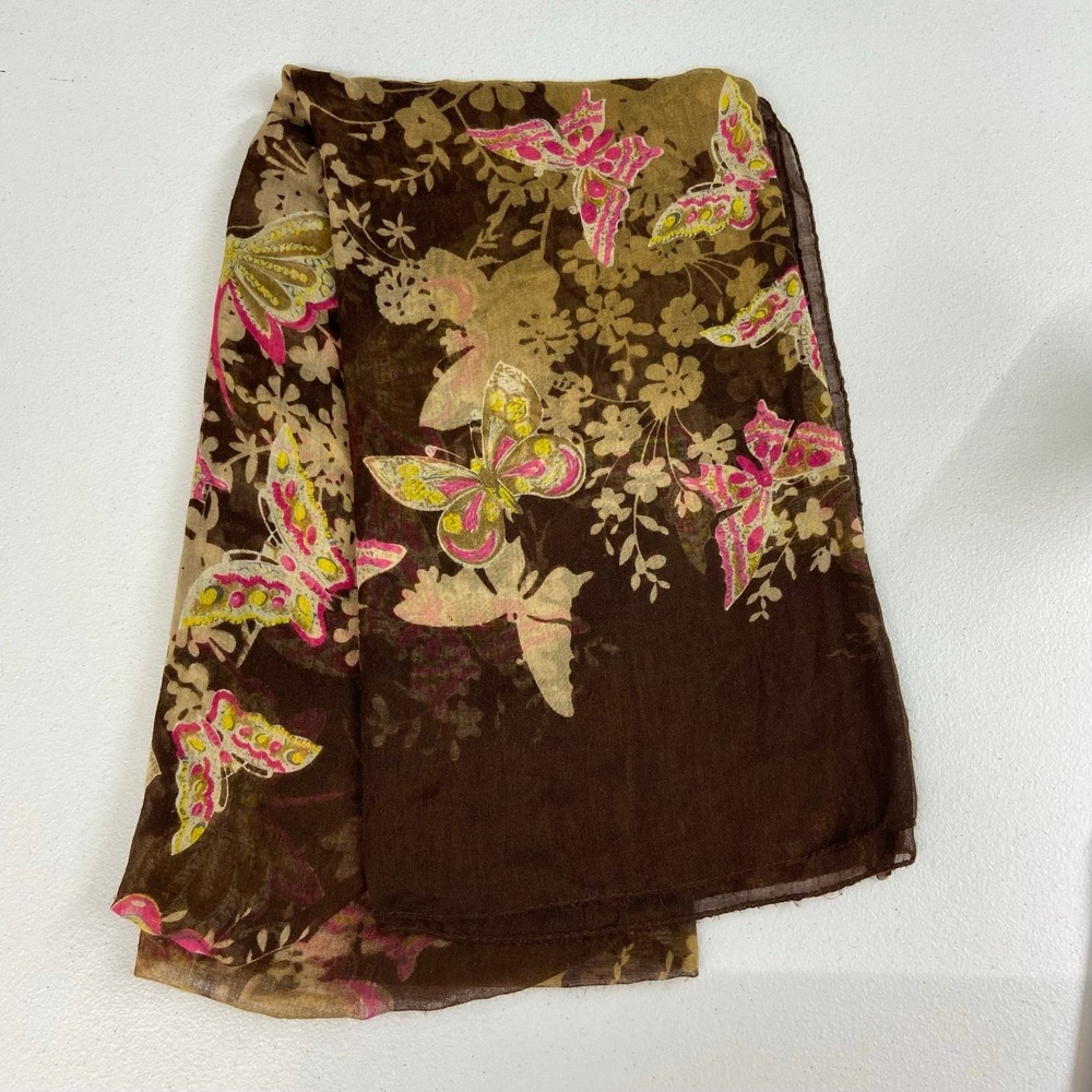 Charming Charlie Brown Butterfly Print Scarf with Pink and Yellow Accents